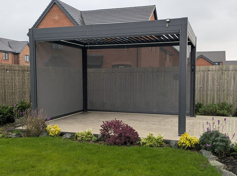 LuxShade™ 3x4m Aluminium Pergola with LEDs, Double-Layered Louvred Roof & 3 Blinds