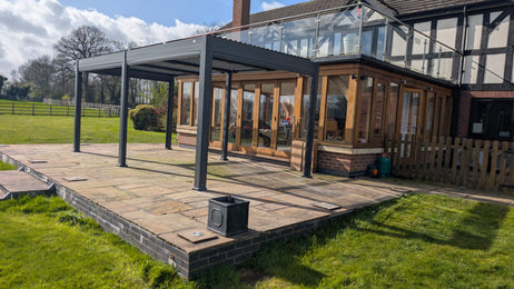 SplitZone™ 3x6m Grey Aluminium Pergola with LEDs, Mid-Beam Louvred Roof & Blinds