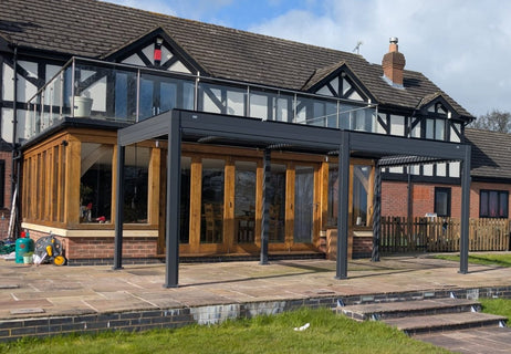 SplitZone™ 3x6m Grey Aluminium Pergola with LEDs, Mid-Beam Louvred Roof & Blinds