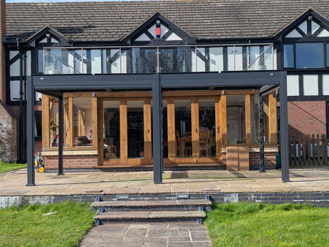 SplitZone™ 3x6m Grey Aluminium Pergola with LEDs, Mid-Beam Louvred Roof & Blinds