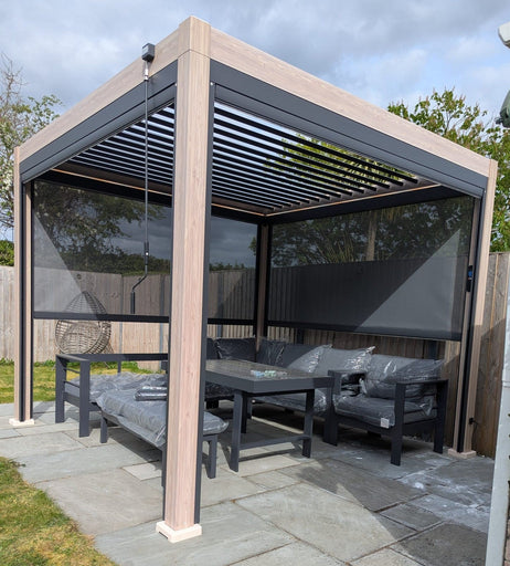 LuxShade™ 3x3m Aluminium Pergola - LEDs, Double-Layer Louvres & 3 Windscreens - Oak Effect