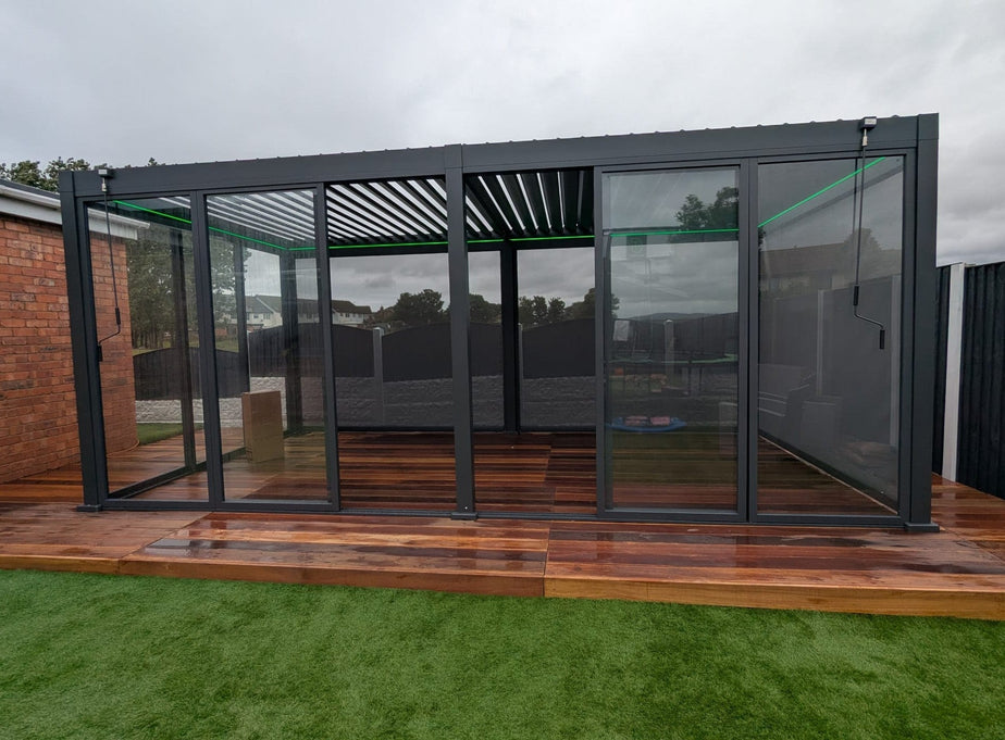 LuxShade™ 3x6m Aluminium Pergola with LEDs, Double-Layered Louvred Roof & Blinds