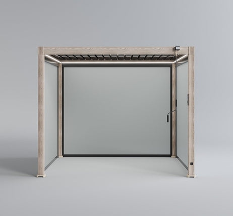 LuxShade™ 3x3m Aluminium Pergola - LEDs, Double-Layer Louvres & 3 Windscreens - Oak Effect
