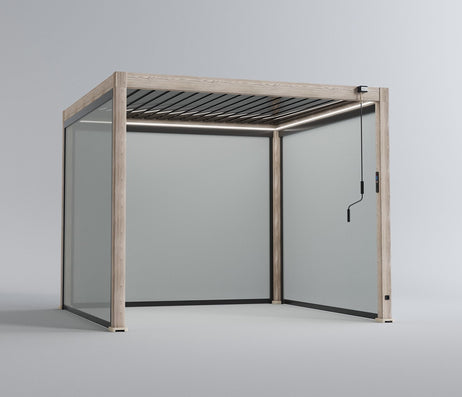 LuxShade™ 3x3m Aluminium Pergola - LEDs, Double-Layer Louvres & 3 Windscreens - Oak Effect