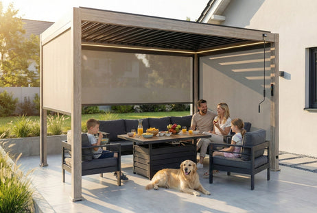 LuxShade™ 3x4m Aluminium Pergola - LEDs, Double-Layer Louvres & 3 Windscreens - Oak Effect