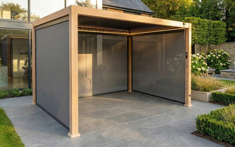 LuxShade™ 3x4m Aluminium Pergola - LEDs, Double-Layer Louvres & 3 Windscreens - Oak Effect