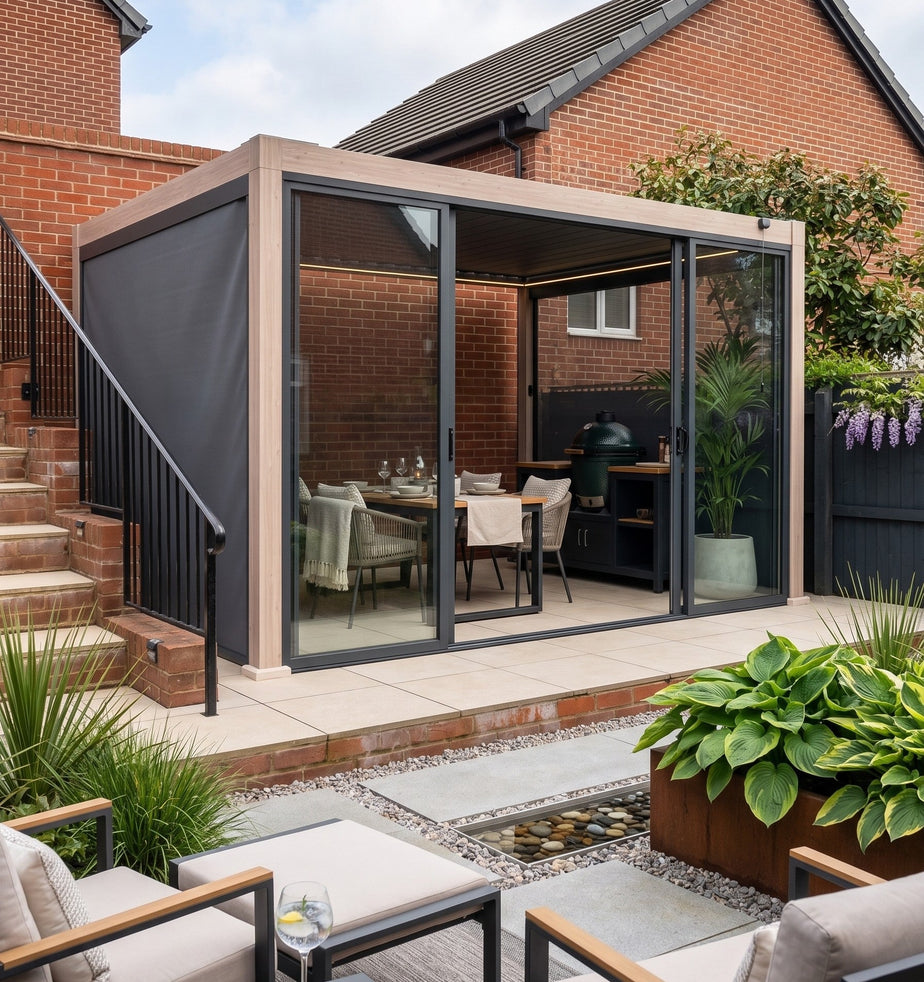 LuxShade™ 3x4m Aluminium Pergola - LEDs, Double-Layer Louvres & 3 Windscreens - Oak Effect