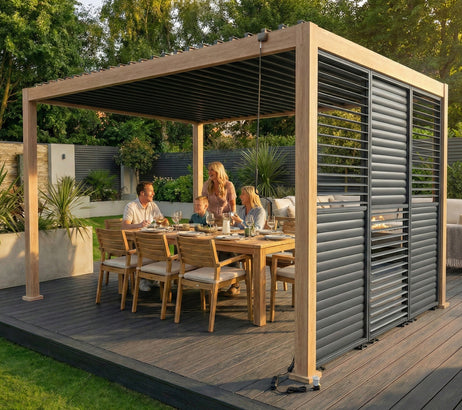 LuxShade™ 3x4m Aluminium Pergola - LEDs, Double-Layer Louvres & 3 Windscreens - Oak Effect