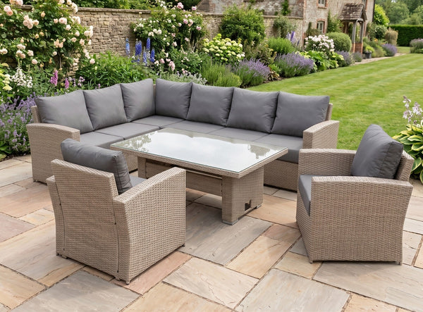Zante Left Hand Rattan Corner Sofa Set with Adjustable Rising Table - Natural