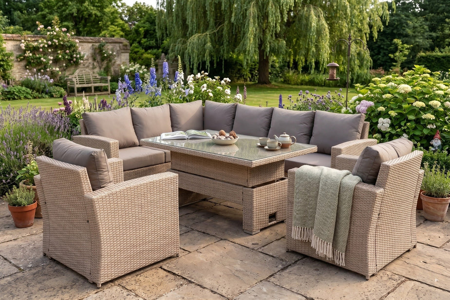 Zante Left Hand Rattan Corner Sofa Set with Adjustable Rising Table - Natural