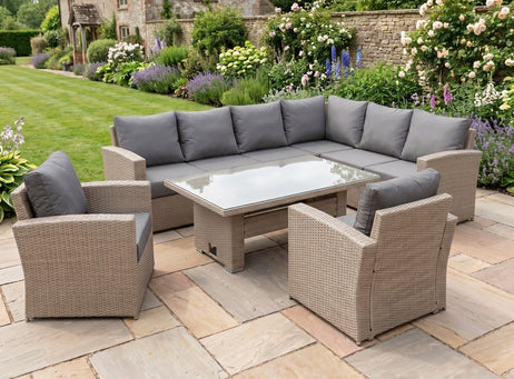 Zante Right Hand Rattan Corner Sofa Set with Adjustable Rising Table - Natural