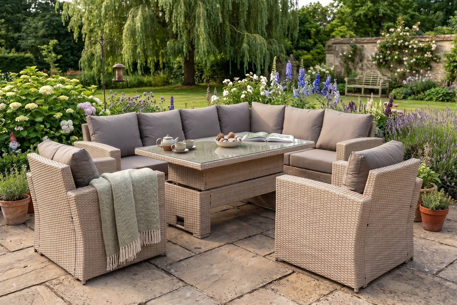 Zante Right Hand Rattan Corner Sofa Set with Adjustable Rising Table - Natural