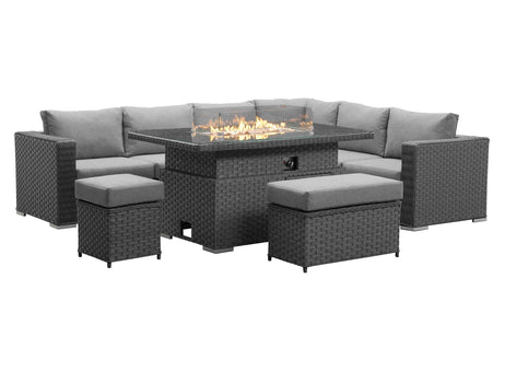 Apollo Luxury Rattan Right Hand Corner Sofa Stool Bench and Rising Fire Pit Table - Grey