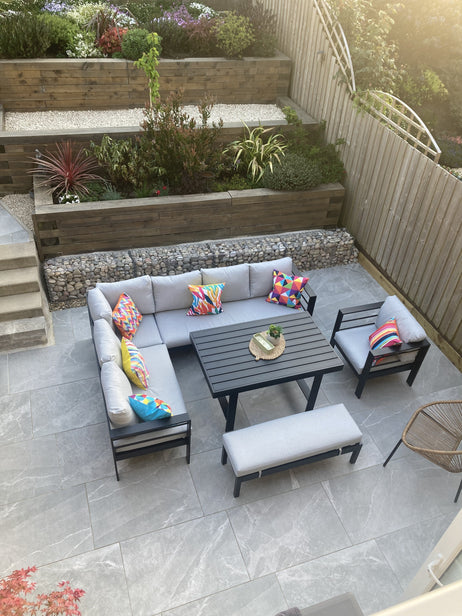 Aluminium Left Hand Corner Garden Sofa & Dining Set with Bench - Black & Grey