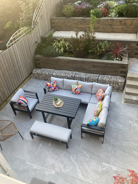 Aluminium Right Hand Corner Garden Sofa & Dining Set with Bench - Black & Grey