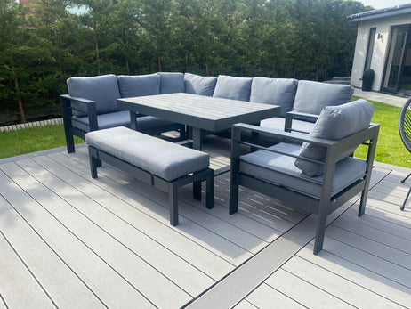 Aluminium Left Hand Corner Garden Sofa & Dining Set with Bench - Dark Grey