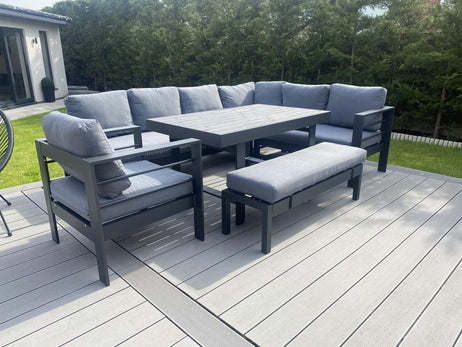 Aluminium Right Hand Corner Garden Sofa & Dining Set with Bench - Dark Grey