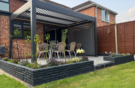 SplitZone™ 3x4m Grey Aluminium Pergola with LEDs, Mid-Beam Louvred Roof + Windscreens