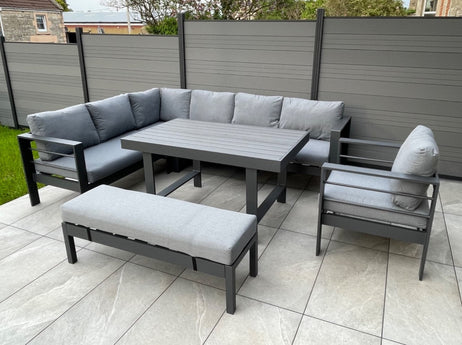 Aluminium Left Hand Corner Garden Sofa & Dining Set with Bench - Dark Grey