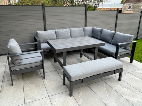 Aluminium Right Hand Corner Garden Sofa & Dining Set with Bench - Dark Grey