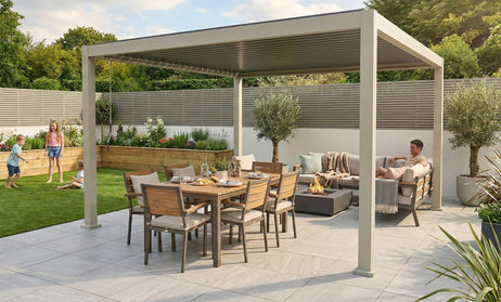 LuxShade™ 3x4m Pebble Aluminium Pergola with LEDs, Double-Layered Roof