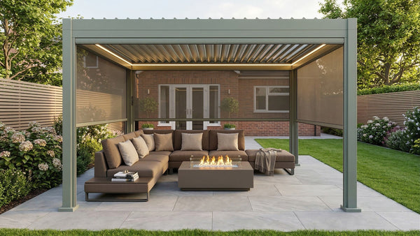 LuxShade™ 3x4m Pebble Aluminium Pergola with LEDs, Double-Layered Roof & 3 Blinds