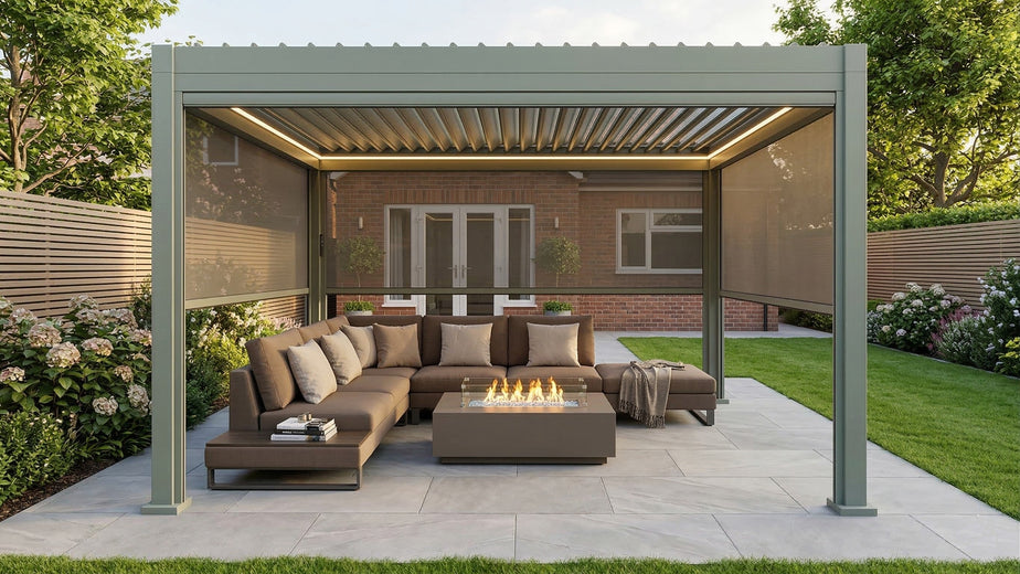 LuxShade™ 3x4m Pebble Aluminium Pergola with LEDs, Double-Layered Roof & 3 Blinds