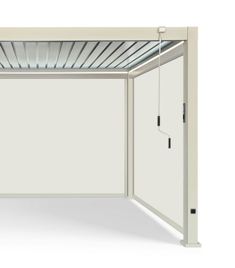 LuxShade™ 3x3m Pebble Aluminium Pergola with LEDs, Double-Layered Roof & 3 Blinds