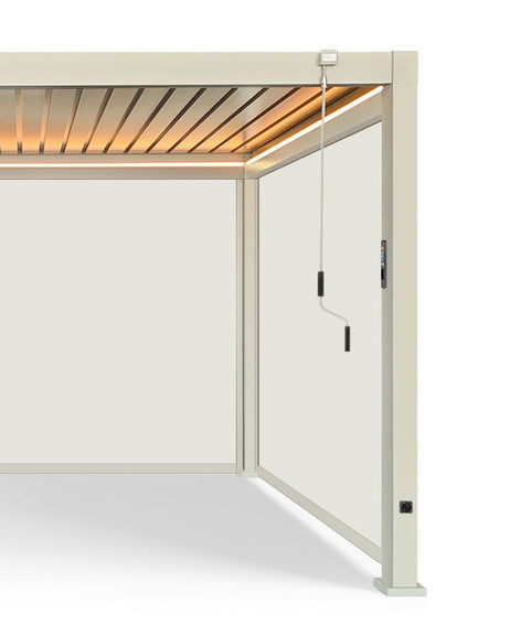 LuxShade™ 3x3m Pebble Aluminium Pergola with LEDs, Double-Layered Roof & 3 Blinds
