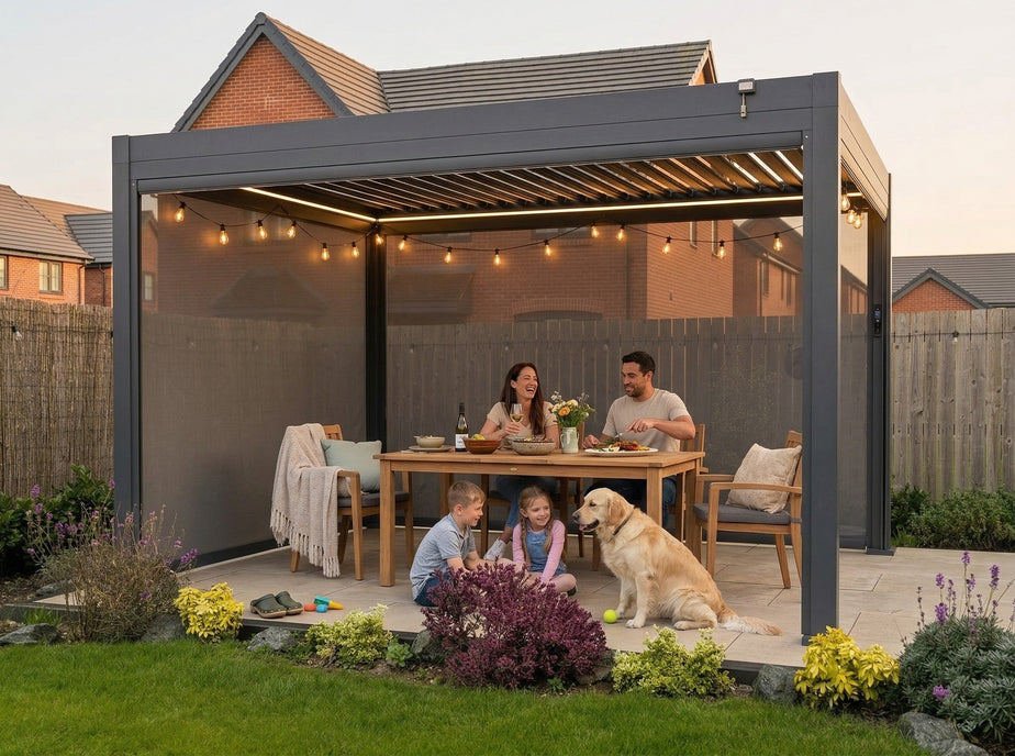 LuxShade™ 3x4m Aluminium Pergola with LEDs, Double-Layered Louvred Roof & 3 Blinds