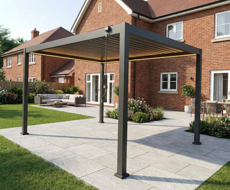 LuxShade™ 3x4m Aluminium Pergola with LEDs, Double-Layered Louvred Roof