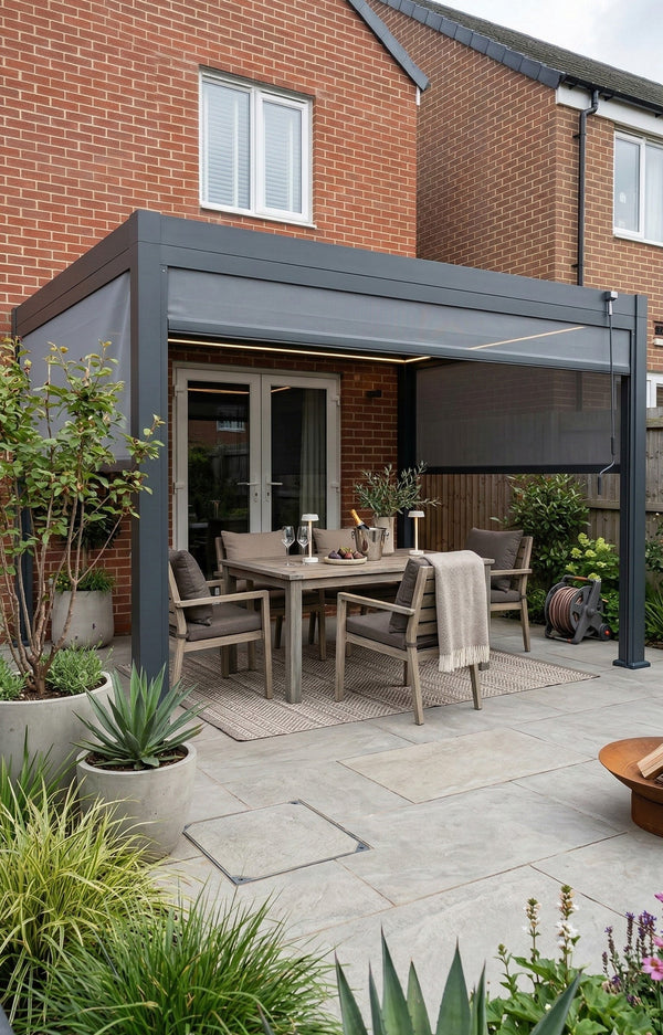 LuxShade™ 3x4m Aluminium Pergola with LEDs, Double-Layered Louvred Roof & 3 Blinds