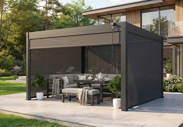 LuxShade™ 4x4m Aluminium Pergola with LEDs, Double-Layered Louvred Roof & 3 Blinds