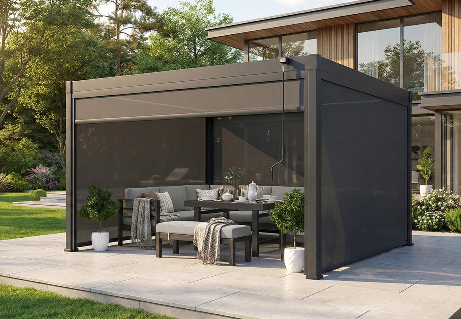 LuxShade™ 4x4m Aluminium Pergola with LEDs, Double-Layered Louvred Roof & 3 Blinds