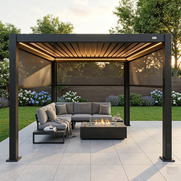 MotaShade™ 3x3m Motorised Aluminium Pergola - Double-Layer Louvers, LEDs & 3 Windscreens