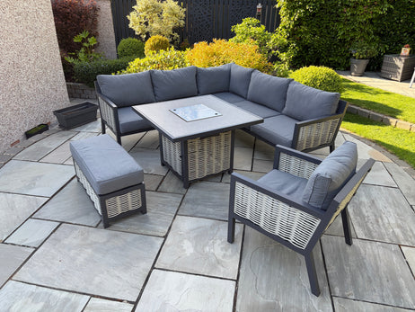 Porto Aluminium Corner Sofa, Chair, Bench with Ceramic Fire Pit Table Set in Grey