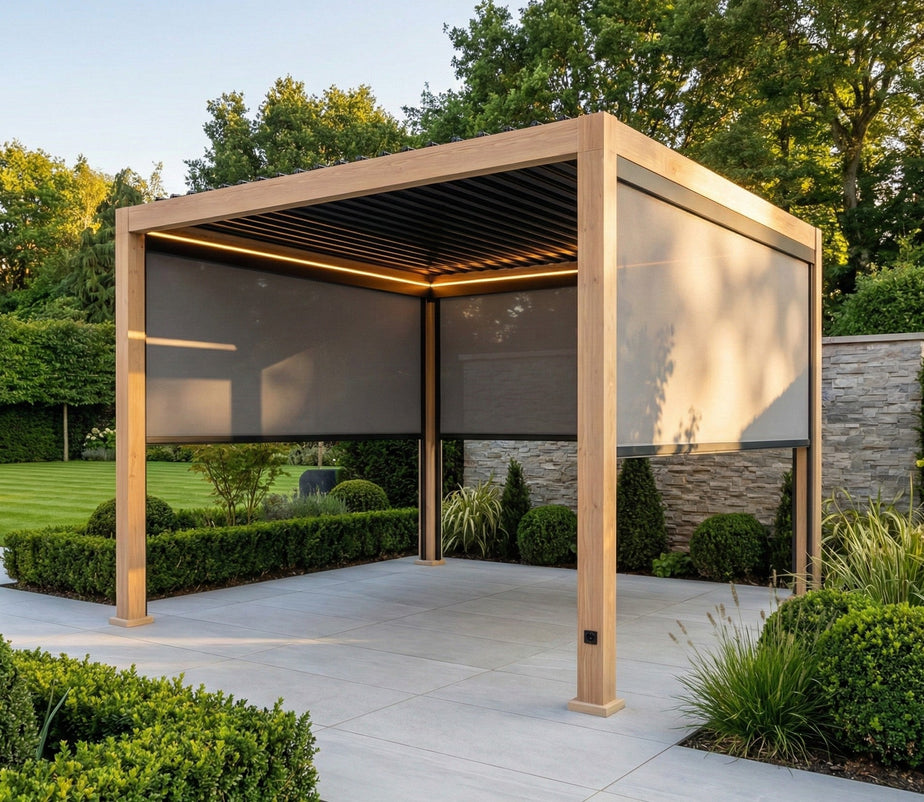 LuxShade™ 3x3m Aluminium Pergola - LEDs, Double-Layer Louvres & 3 Windscreens - Oak Effect