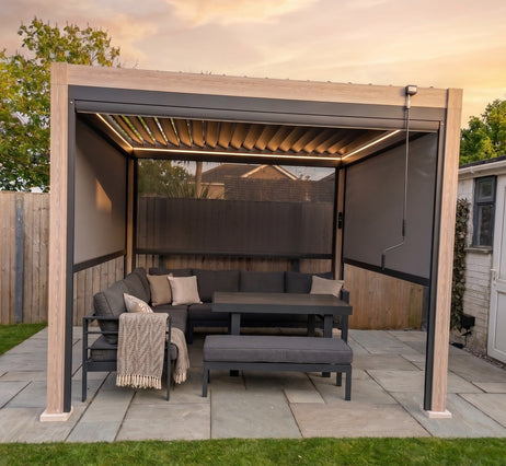 LuxShade™ 3x3m Aluminium Pergola - LEDs, Double-Layer Louvres & 3 Windscreens - Oak Effect