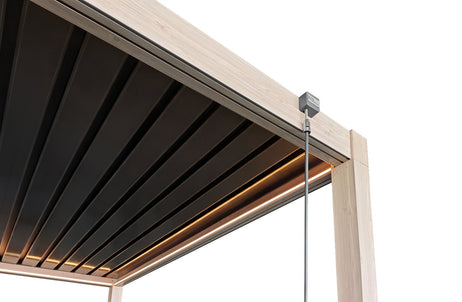 LuxShade™ 3x3m Aluminium Pergola - LEDs, Double-Layer Louvres & 3 Windscreens - Oak Effect